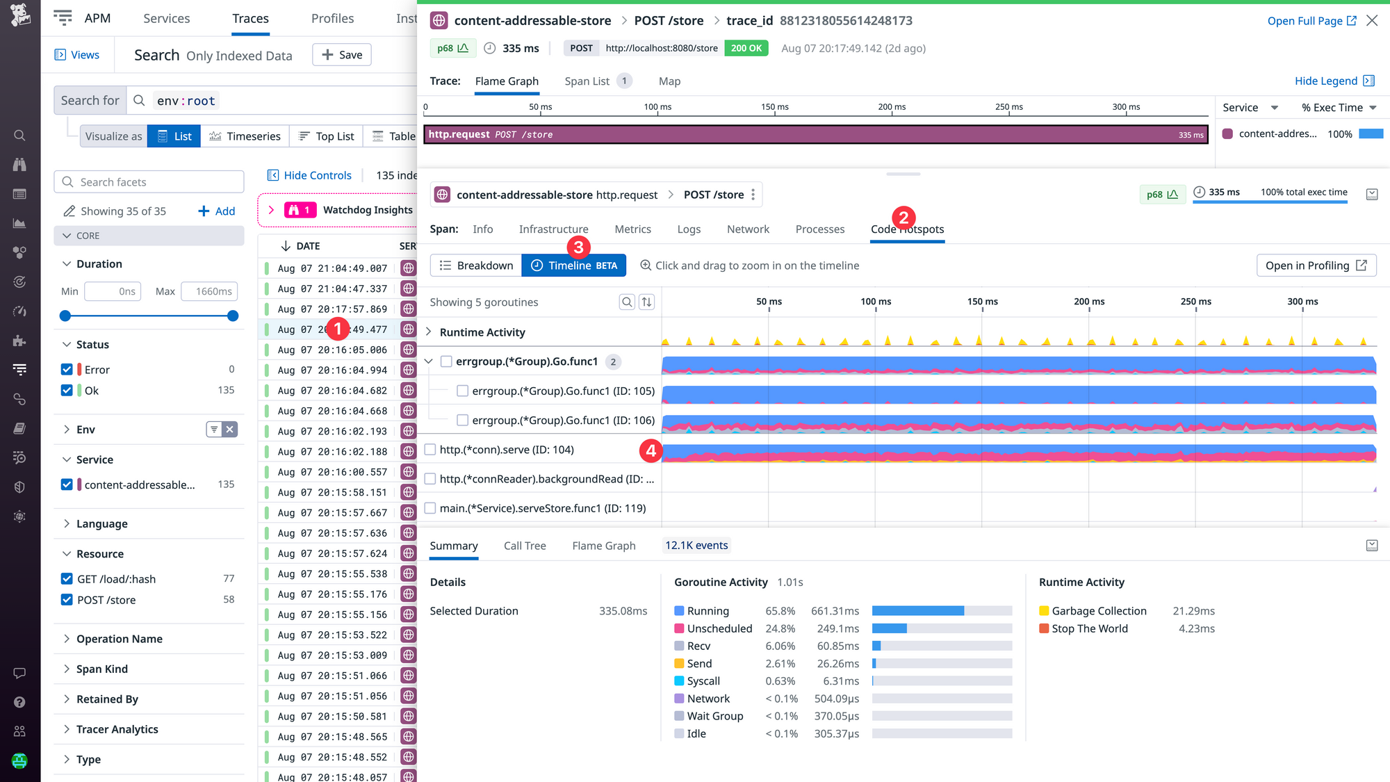 Debug Go Request Latency with Datadog's Profiling Timeline